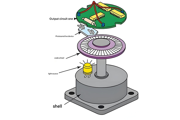 Encoder operation visualization showing light passing through code wheel to detectors