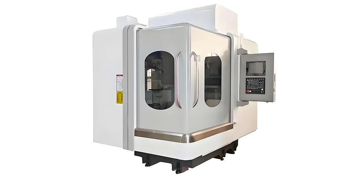 Modern CNC machining center with various tools and components